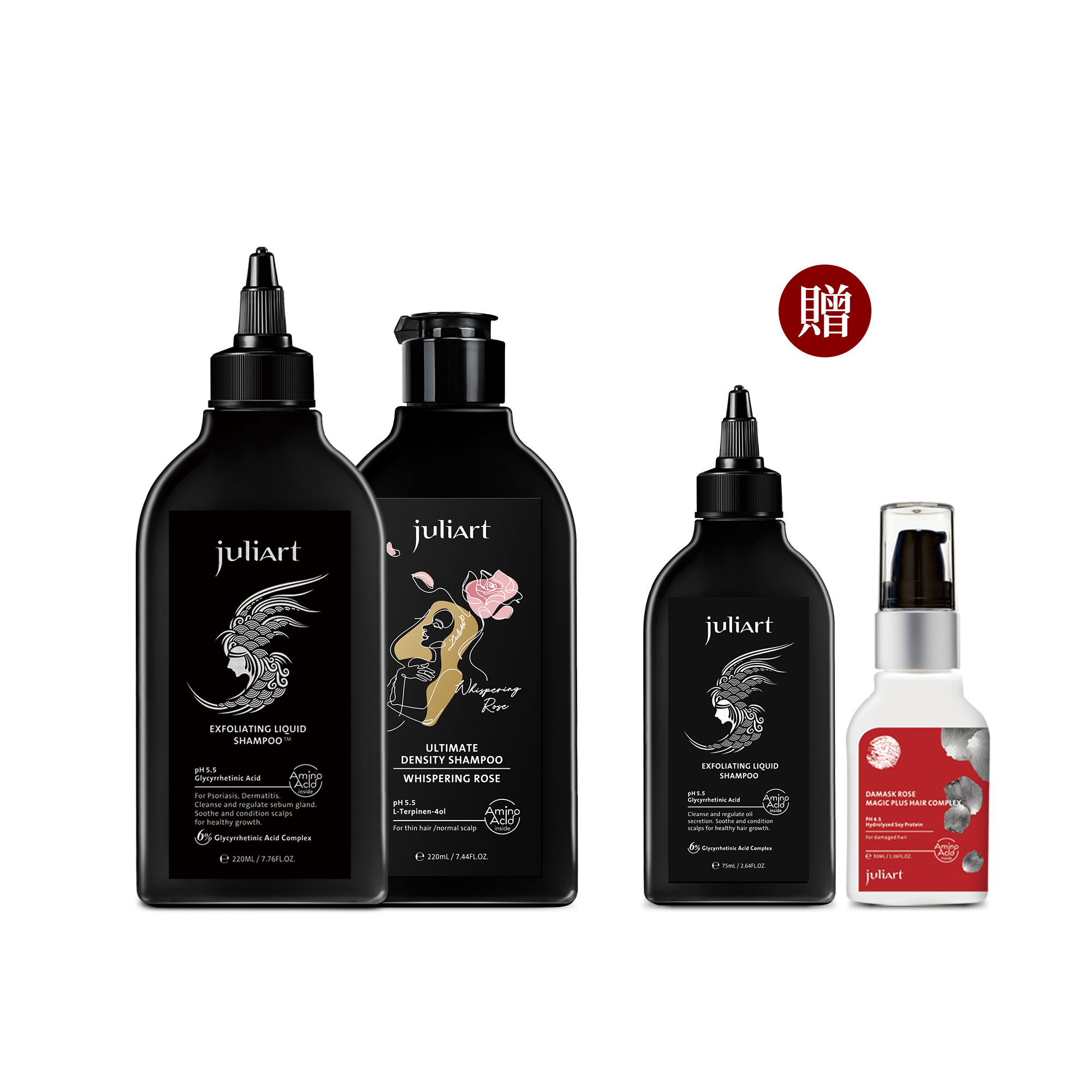 juliArt覺亞 甘草次酸角質淨化液(經典版)220mL+健髮賦活胺基酸洗髮精(馥玫絮語)220mL 贈 甘草次酸角質淨化液(經典版)75mL+大馬士革玫瑰精萃魔髮精靈30mL  ▶70C002
